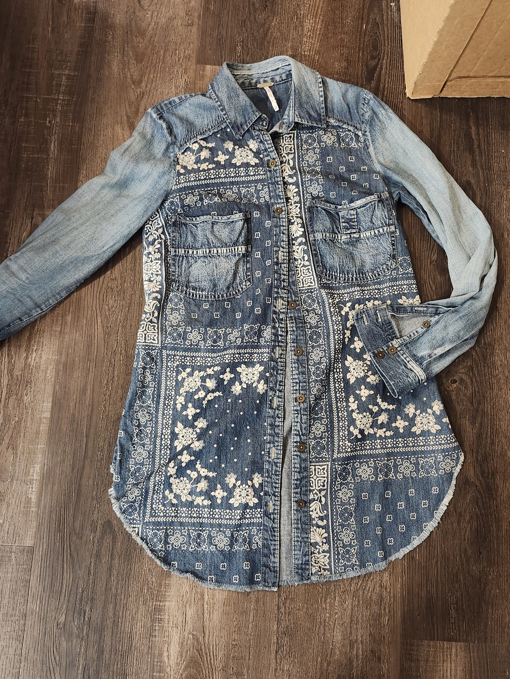 Free People Blue Bandana Patchwork Denim Shirt Jacket